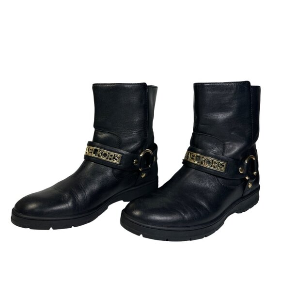 MICHAEL KORS ESSEX ICONIC BLACK GOLD LOGO MOTO BIKER BOOTS Size 7M - Picture 2 of 12